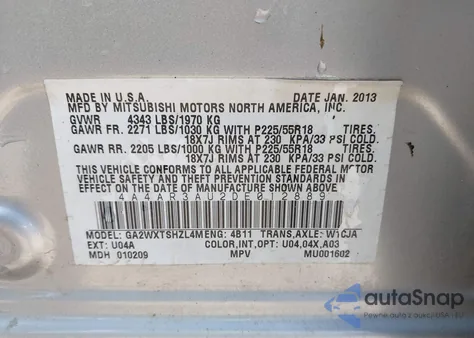 2013 Mitsubishi Outlander Sport Es from USA, damaged, VIN 4A4AR3AU2DE012889